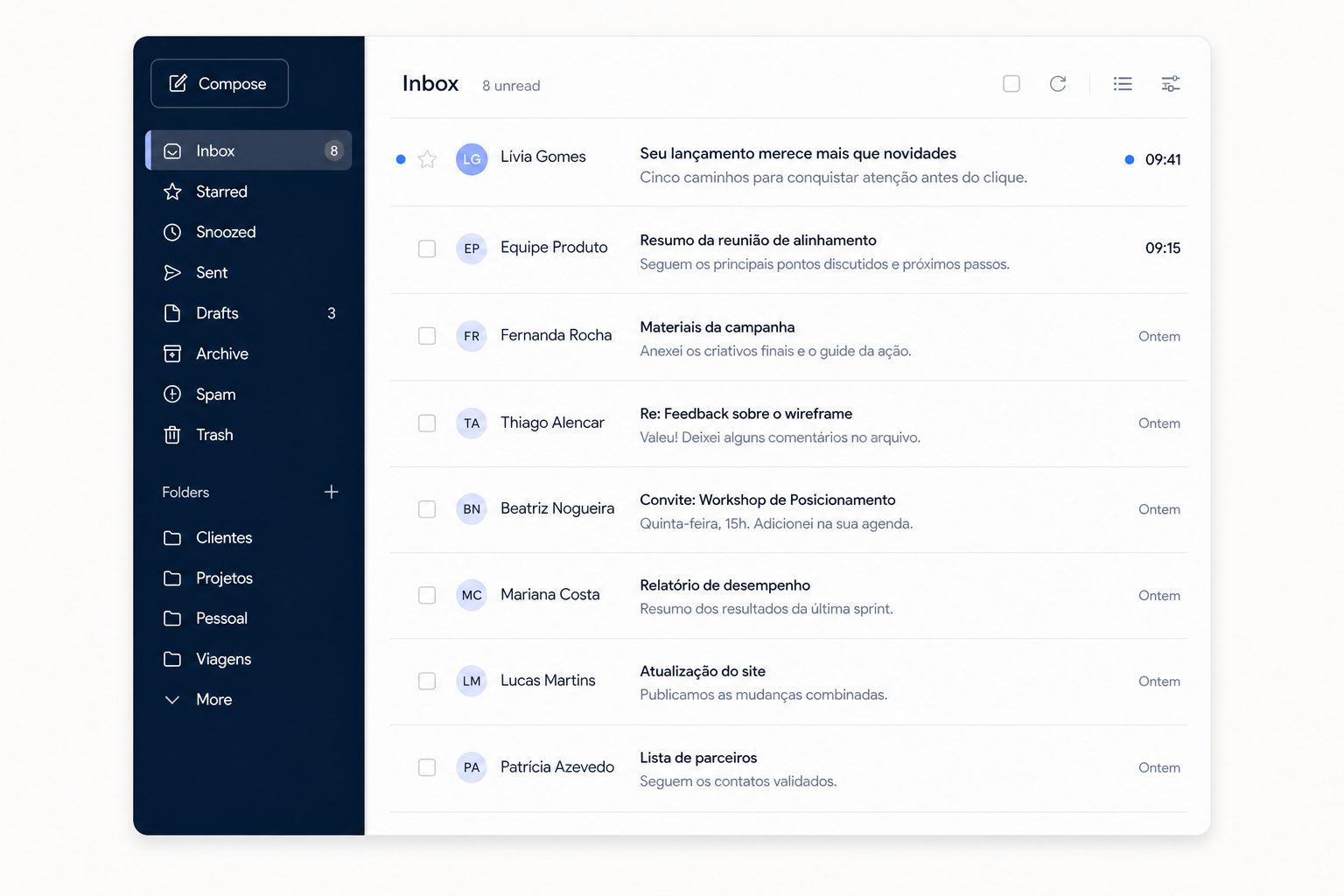 Caixa de entrada de e-mail com assuntos avaliados pelo Psst
